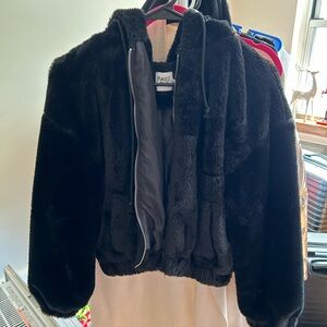 Princess Polly Black Furry Hooded Coat